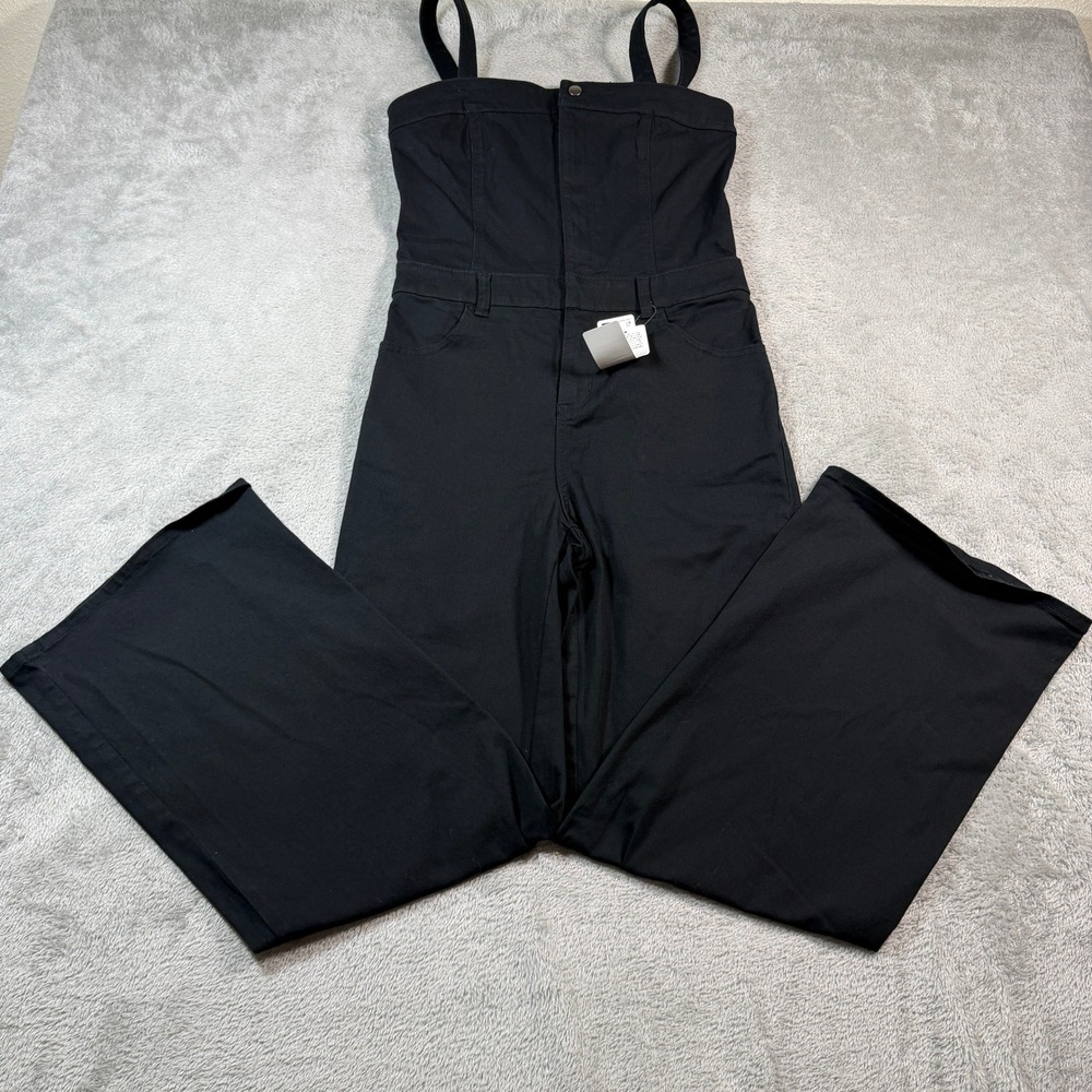 GU Uniqlo Jumpsuit Womens Medium Black Wide Leg Strappy Cotton Blend 221-350446